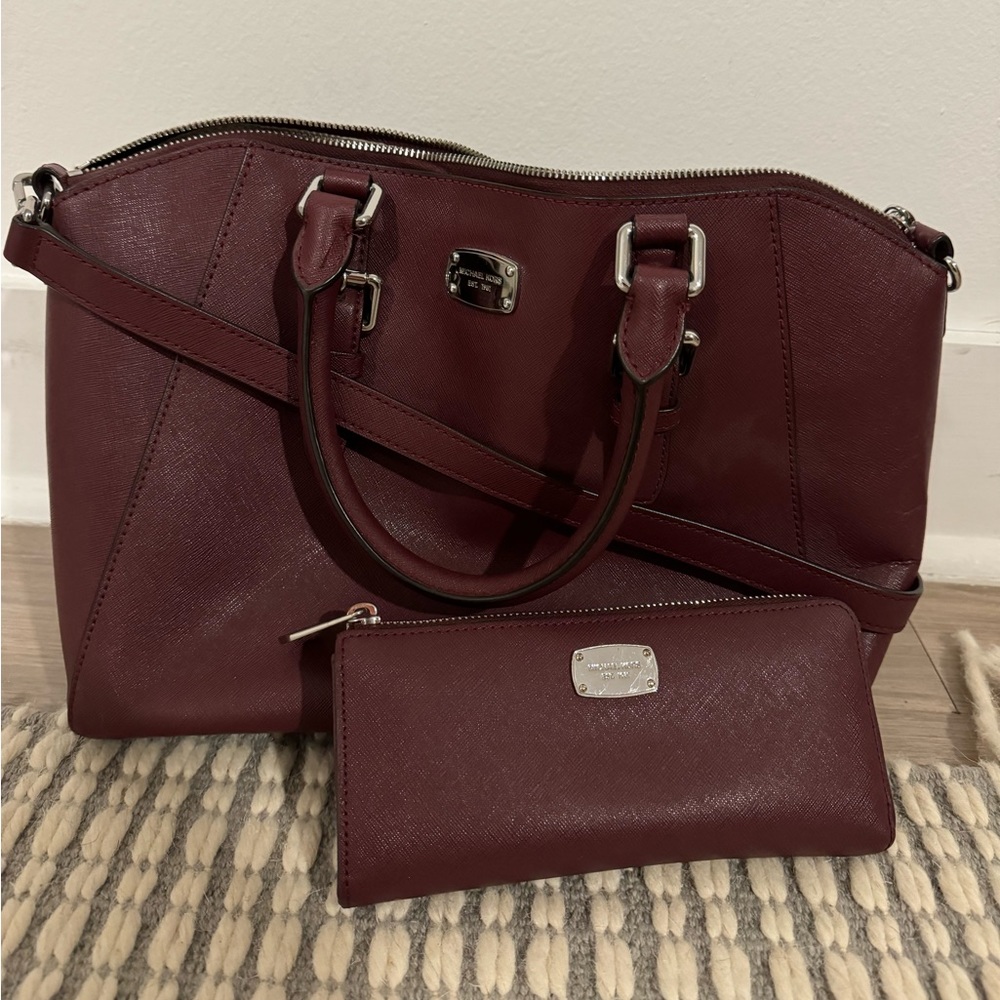 Michael Kors Maroon Purse and Matching Wallet